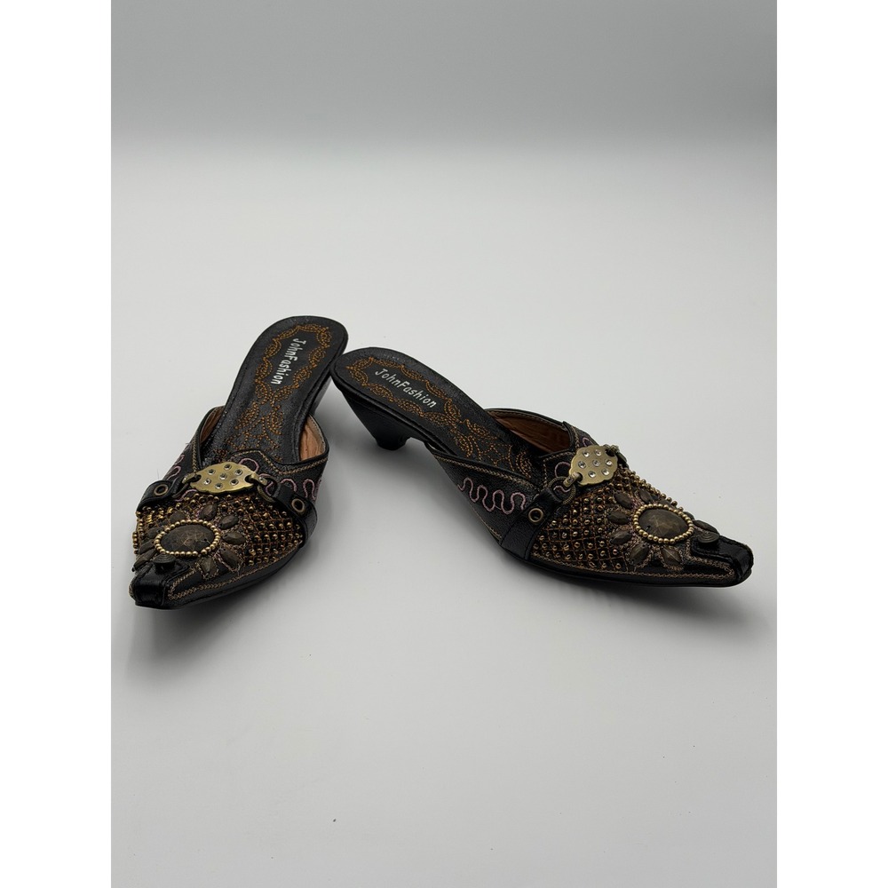 Embellished Pointed Toe Mules 8 Beaded Kitten Heel Boho Y2K Western Cowgirl